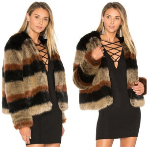 ✨NWT Revolve Tularosa Multi 70s Stripe Harkin Faux Fur Vegan Jacket Coat Large